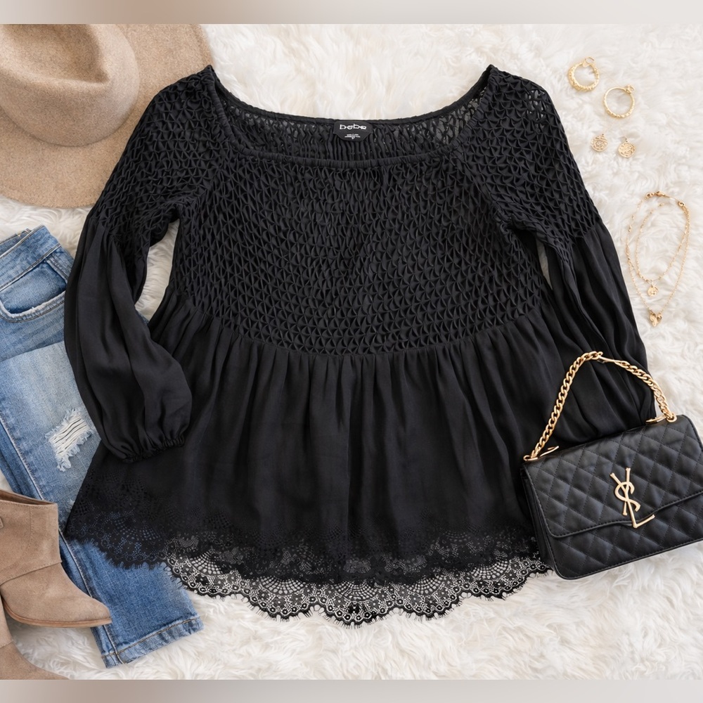 Bebe Black Silk 3/4 Sleeve Lace Hem Off Shoulder Blouse Size Small